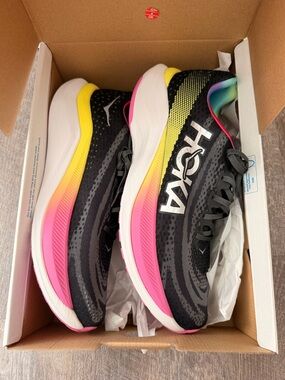Hoka Black Shoes with Pink and Yellow Midsole Accent